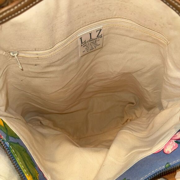 Liz Claiborne Fruit Floral Canvas Tote Bag Tan Trim Large Zip Top - Picture 6 of 12